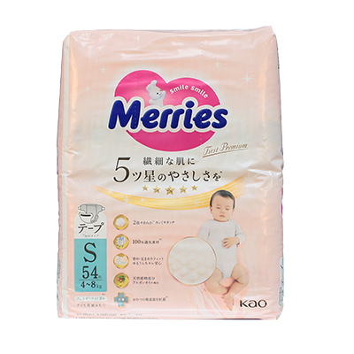 Фото товара Подгузники Merries First Premium  -  - размер S (4-8 кг), в упаковке 54 шт.
