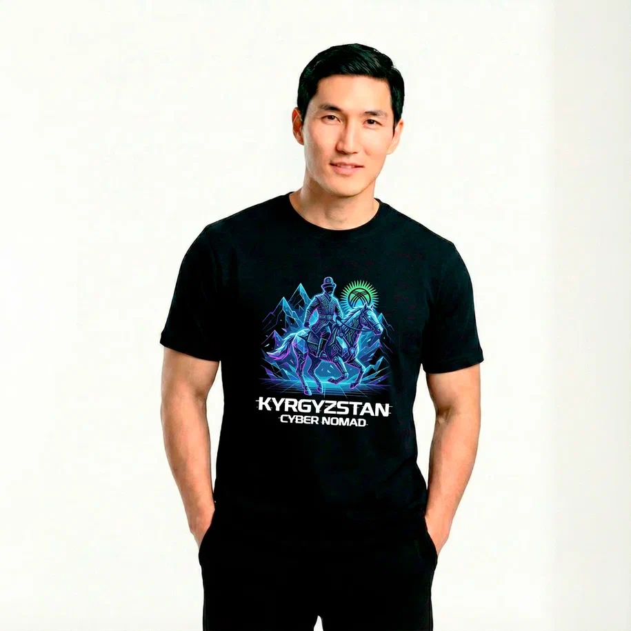 Фото товара Футболка мужская унисекс базовая чёрная S с принтом «Cyber Nomad Kyrgyzstan»