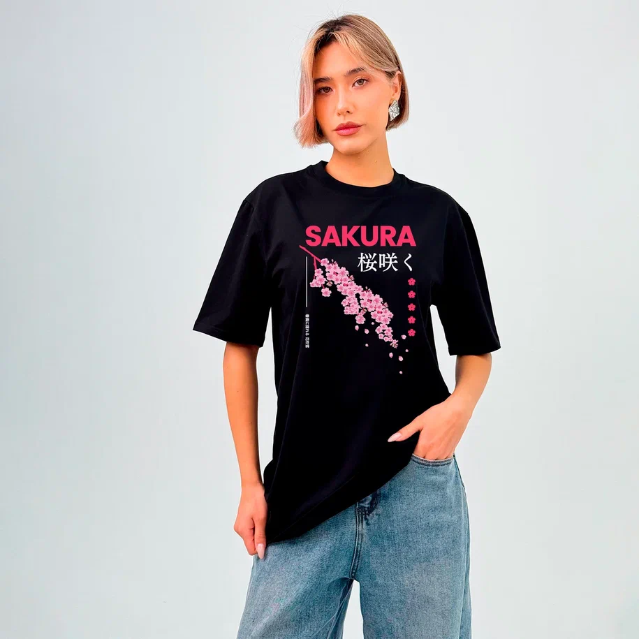 Фото товара Футболка женская базовая Унисекс Черная S с принтом «Sakura»