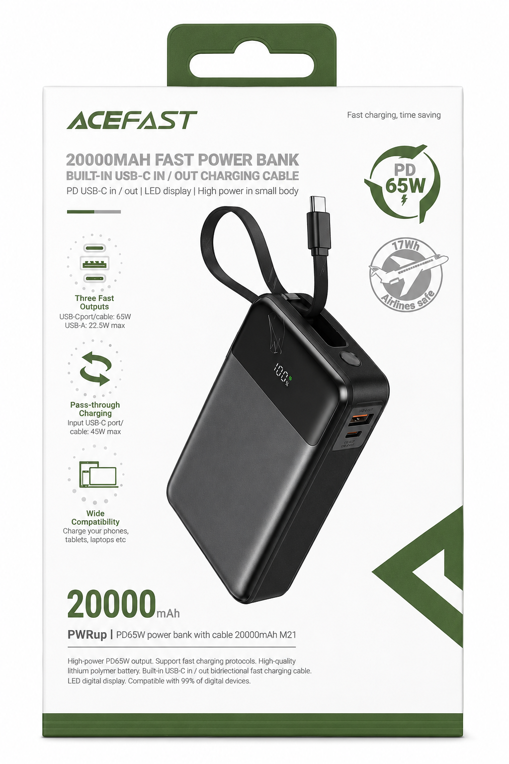 Фото товара Внешний аккумулятор ACEFAST M21 20000 mAh 65W PD Built-in USB-C Cable Black