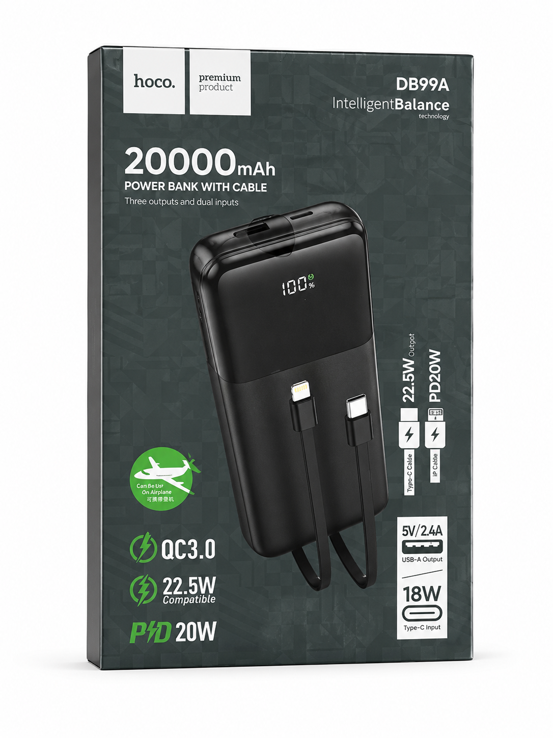 Фото товара Внешний аккумулятор HOCO DB99A Power Bank With Cable 20000 mAh 22.5W Black
