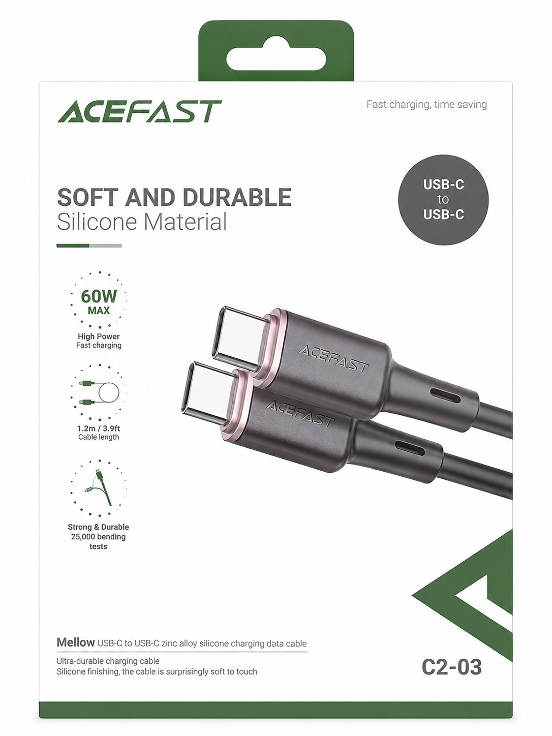 Фото товара Кабель ACEFAST C2-03 Mello USB-C to USB-C 60W 1.2m Silicone Material Black