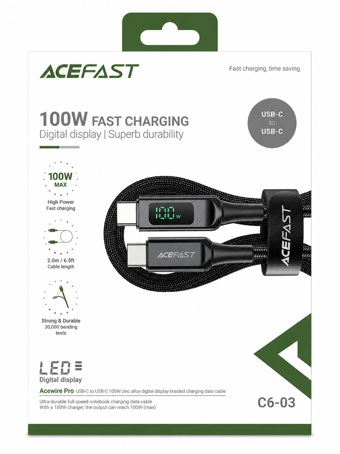 Фото товара Кабель ACEFAST C6-03 USB-C to USB-C 100W Digital Display Braided Cable Black