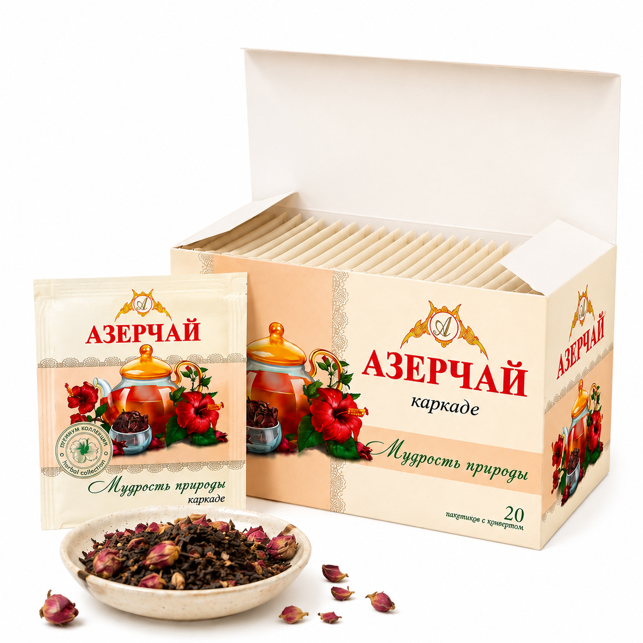 Фото товара Чай Азерчай чёрный «Мудрость природы» чайный напиток с каркаде, 20 пакетиков по 1,8 г